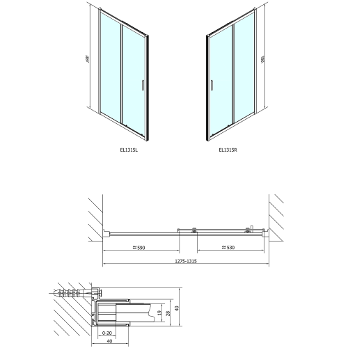 EASY  drzwi prysznicowe do wnęki przesuwne 130x190 cm, szkło czyste EL1315 wymiary