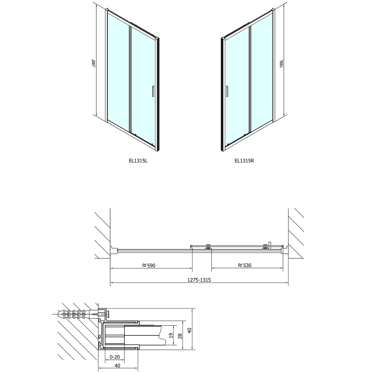 EASY  drzwi prysznicowe do wnęki przesuwne 130x190 cm, szkło czyste EL1315 wymiary