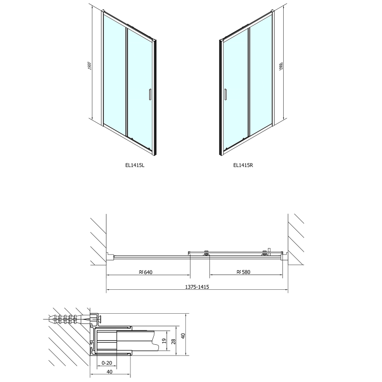 EASY drzwi prysznicowe do wnęki przesuwne 140x190 cm, szkło czyste EL1415 wymiary