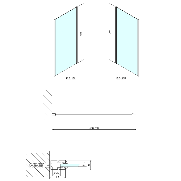 EASY  Boczna ścianka 70x190 cm szkło czyste EL3115 wymiary