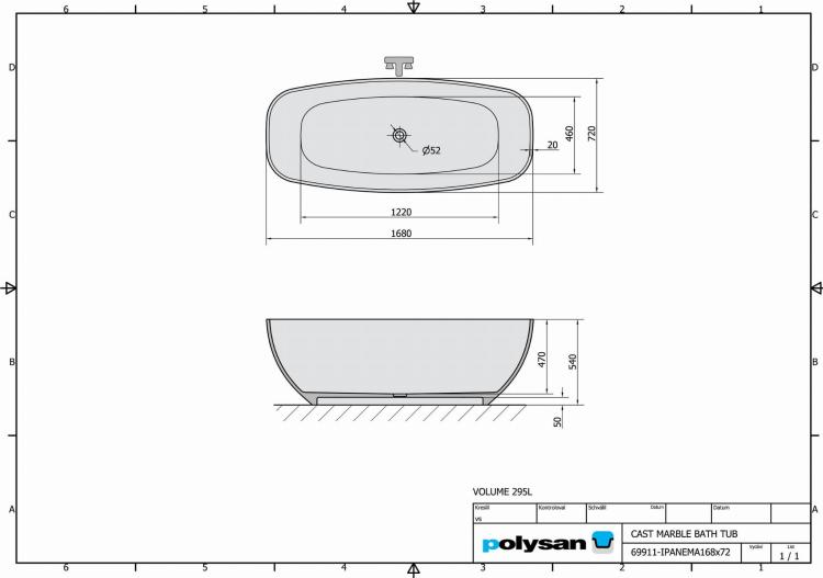 IPANEMA Wanna wolnostojąca z konglomeratu marmurowego 170x70 cm 69911 rysunek techniczny