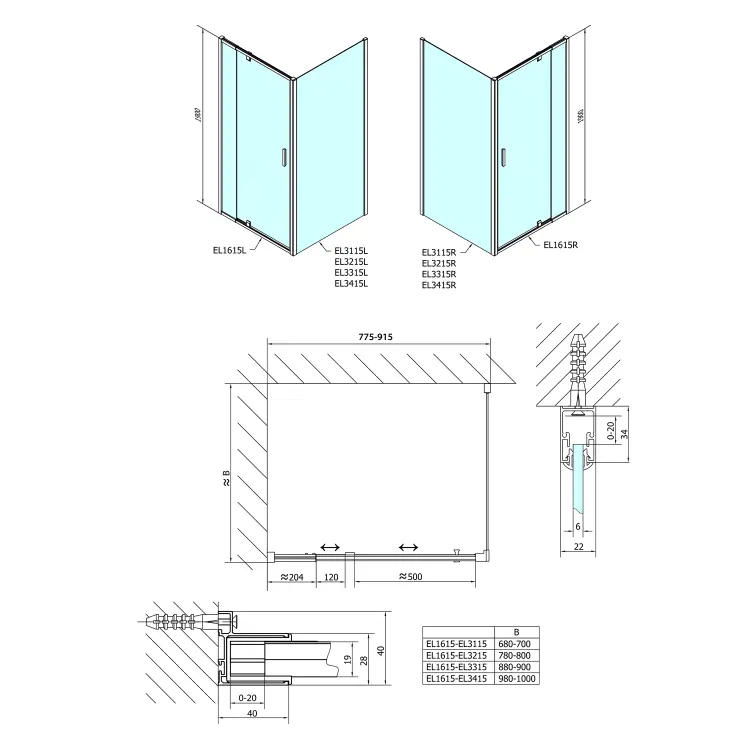 EASY LINE kabina prysznicowa 800-900x1000mm, drzwi obrotowe, L/P, szkło czyste EL1615EL3415 wymiary
