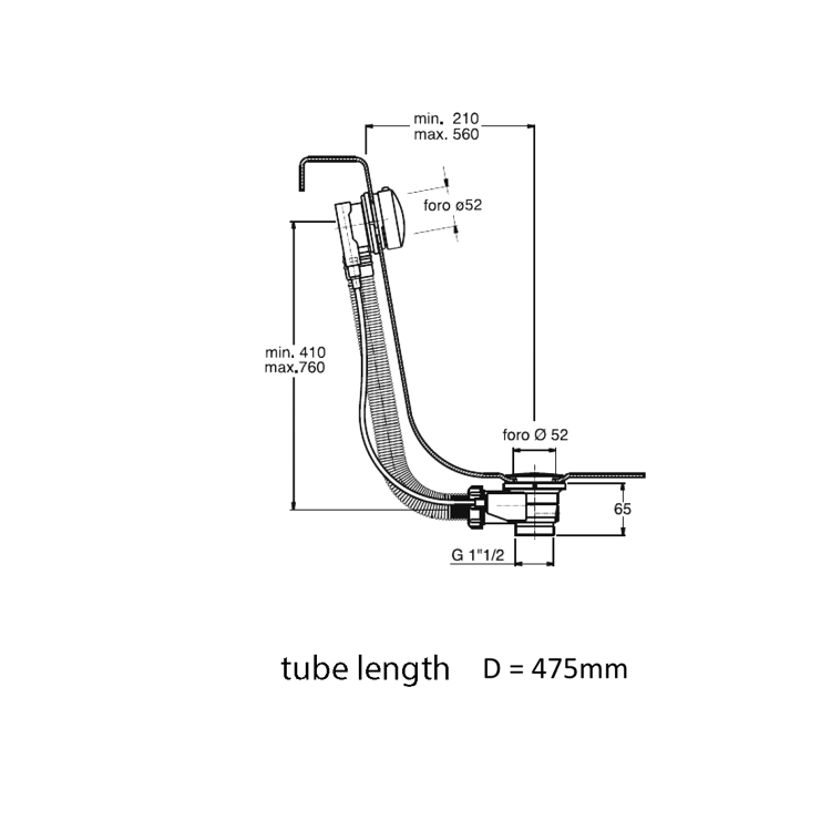 MODEL 06 Syfon automatyczny do wanny, długość 475 mm, korek 72 mm, chrom 061770051 rysunek