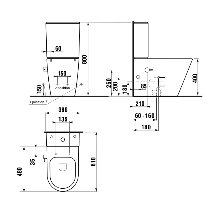 PACO RIMLESS kompakt WC ze zintegrowaną baterią i funkcją bidetu , odpływ uniwersalny PC1012RX wymiary