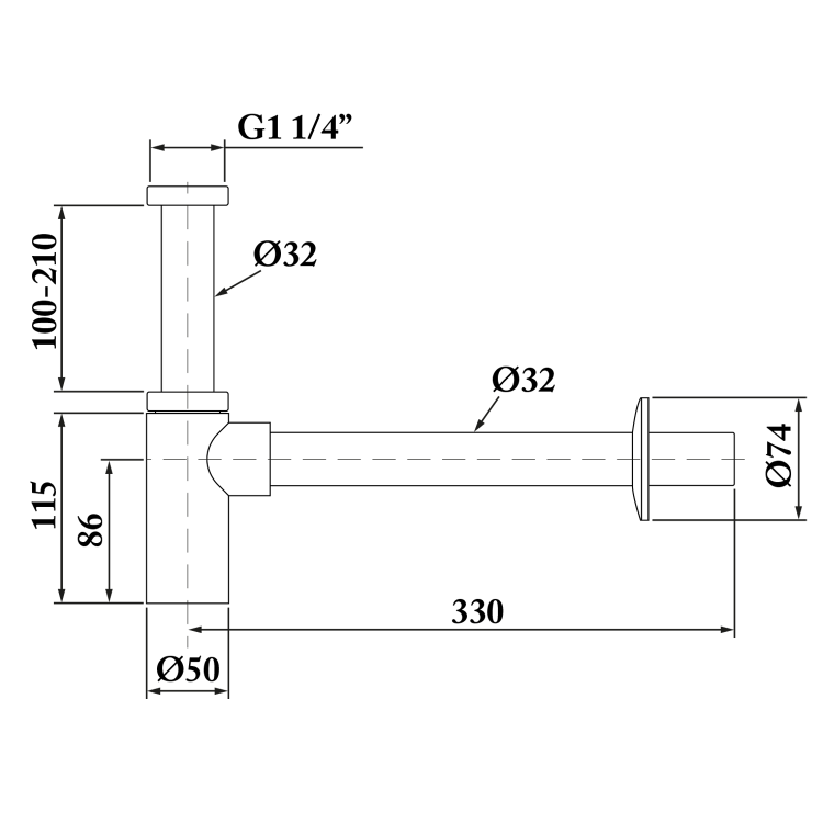 Syfon umywalkowy 5/4", odpływ 32mm, złoty mat SI519  rysunek