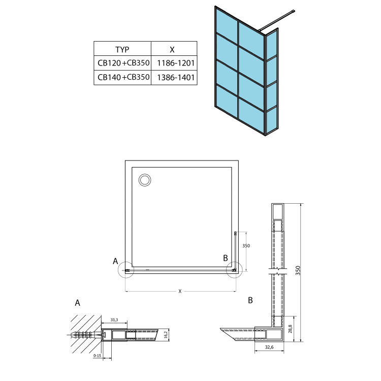 CURE BLACK walk-in, 1200 mm, szkło czyste CB120 rys