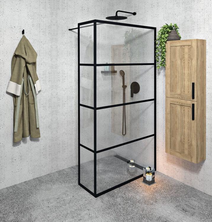 CURE BLACK walk-in, 900 mm, szkło czyste CB90 ze ścianką
