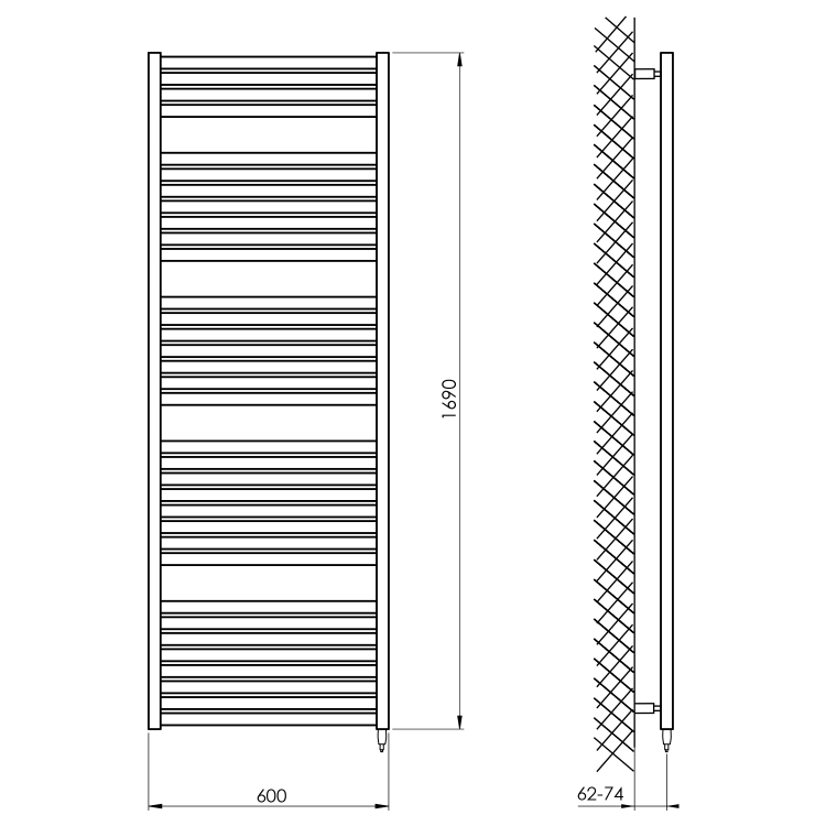 TONDI-E grzejnik elektryczny 600x1690 mm, 800W, czarny mat DE496T rysunek