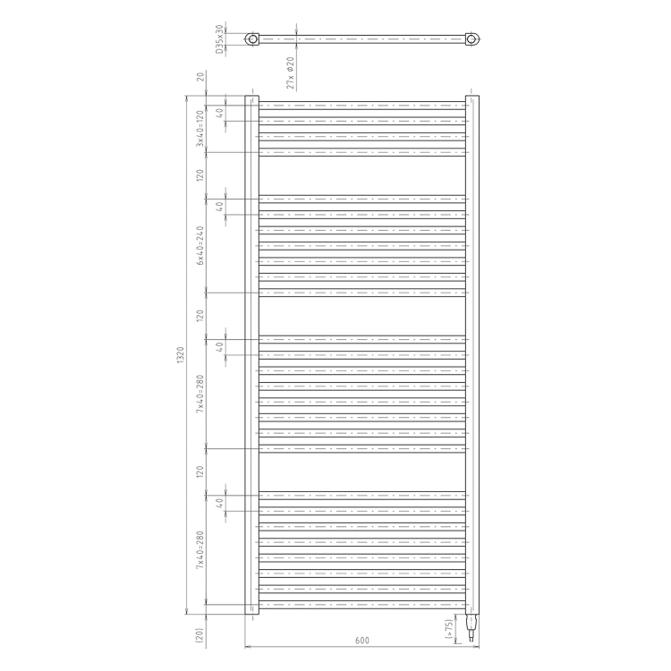 DIRECT-E grzejnik elektryczny 600x1320 mm, 600 W, czarny mat ILE36TB  rysunek