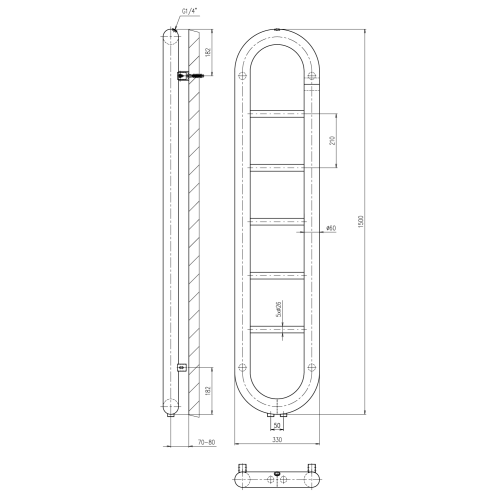 HORIZON grzejnik łazienkowy 330x1500 mm, czarny mat IR195  rysunek
