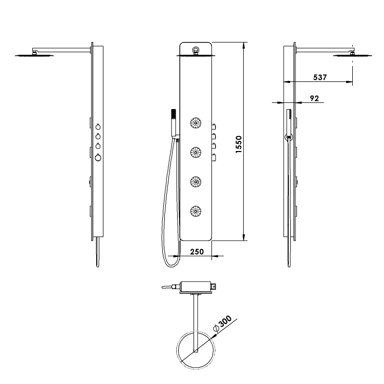 SPIRIT ROUND panel prysznicowy 250x1550mm z baterią termostatyczną, ścienny, czarny 71251 wymiary
