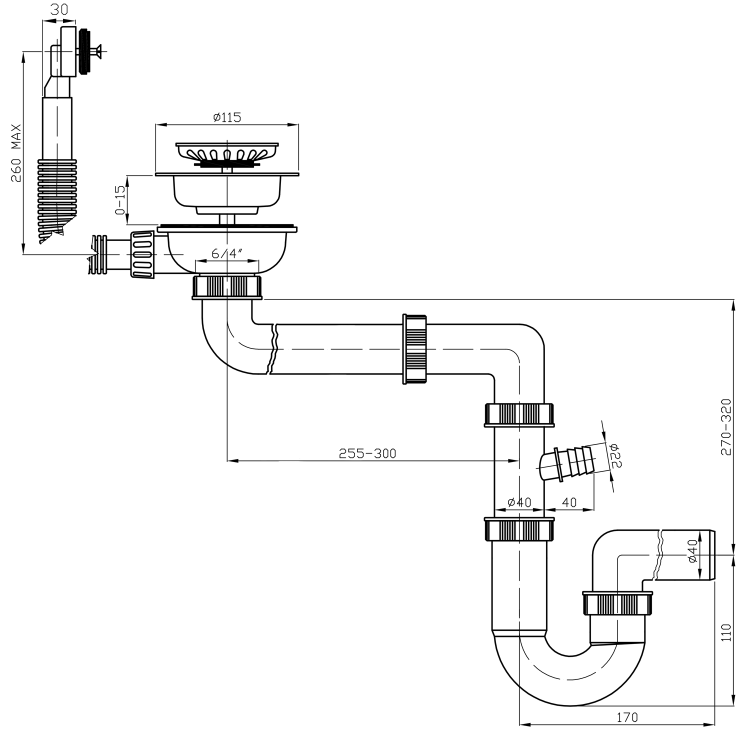 Syfon zlewozmywakowy 6/4", DN40, biały 155.127.0 rysunek