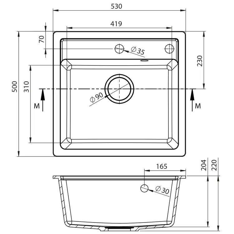 Zlewozmywak granitowy jednokomorowy, 53x50 cm, beżowy GR1032 rysunek