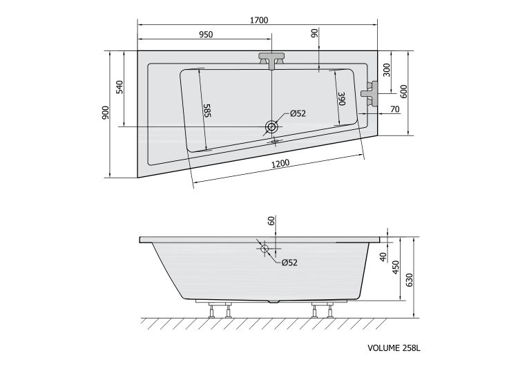 ANDRA L wanna asymetryczna 170x90x45cm, biały mat 81111.11 rysunek