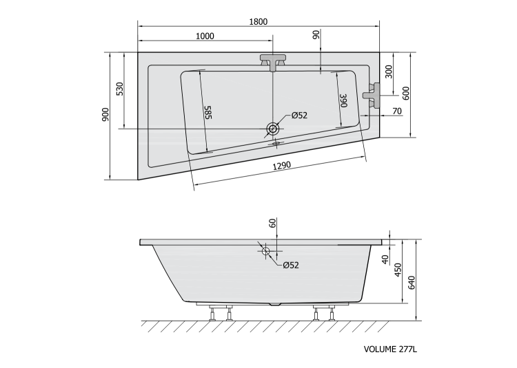 ANDRA L wanna asymetryczna 180x90x45cm, szary 72872.30 rysunek