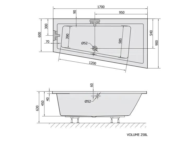 ANDRA R wanna asymetryczna 170x90x45cm, biały mat 81511.11 wymiary