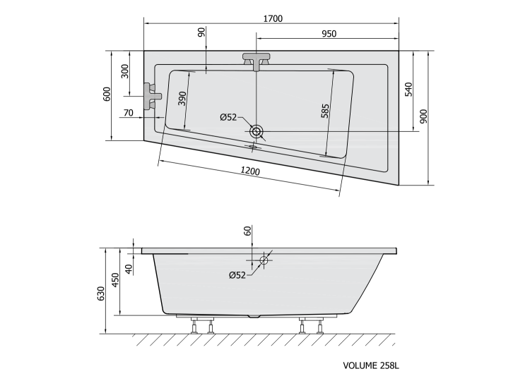 ANDRA R wanna asymetryczna 170x90x45cm, ciemnoszary 81511.30 wymiary