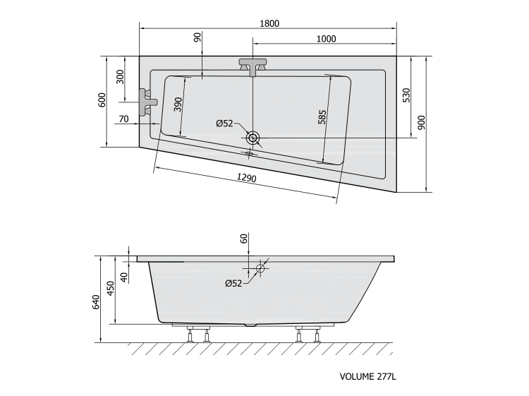 ANDRA R wanna asymetryczna 180x90x45cm, ciemnoszary 78771.30 wymiary
