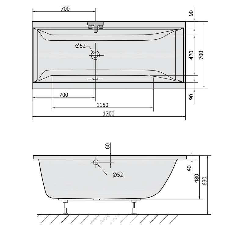 CLEO Wanna akrylowa prostokątna 170x70x48 cm ciemnoszary 74611.30 rysunek