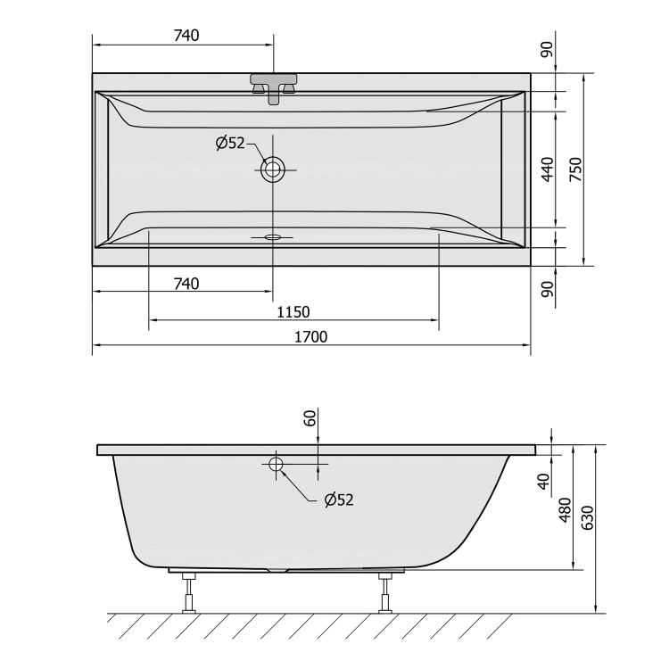 CLEO Wanna akrylowa prostokątna 170x75x48 cm biały mat 94611.11 wymiary