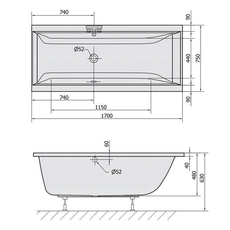 CLEO Wanna akrylowa prostokątna 170x75x48 cm ciemnoszary 94611.30 wymiary