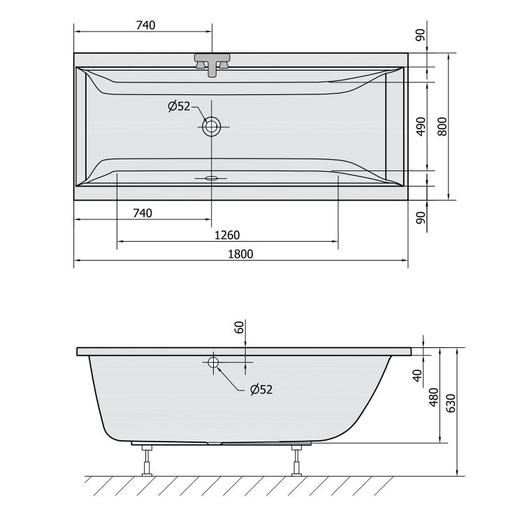 CLEO Wanna akrylowa prostokątna 180x80x48 cm czarny mat 95611.21 wymiary