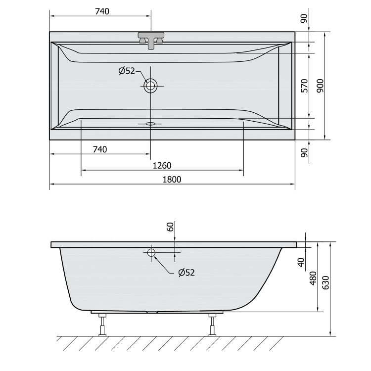 CLEO Wanna akrylowa prostokątna 180x90x48 cm biały mat 13111.11 wymiary