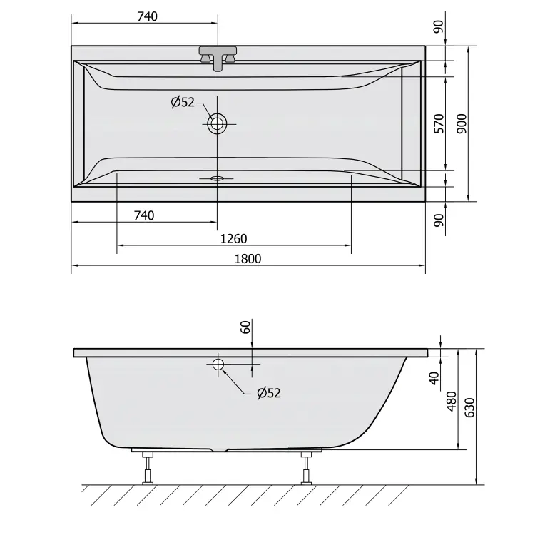 CLEO Wanna akrylowa prostokątna 180x90x48 cm ciemnoszary 13111.30 wymiary
