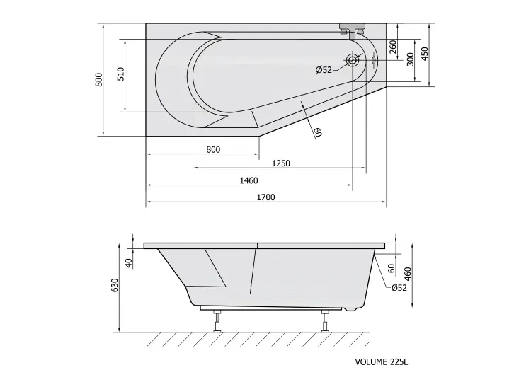 TIGRA L wanna asymetryczna 170x80x46cm, lewa, biały mat 90111.11 wymiary