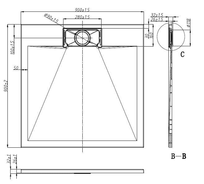 SMC Brodzik starylowy kwadratowy 90x90x2,6 cm 9090W  rysunek
