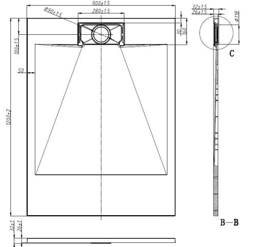 SMC Brodzik starylowy prostokątny 120x90x2,6 cm 1290W rysunek