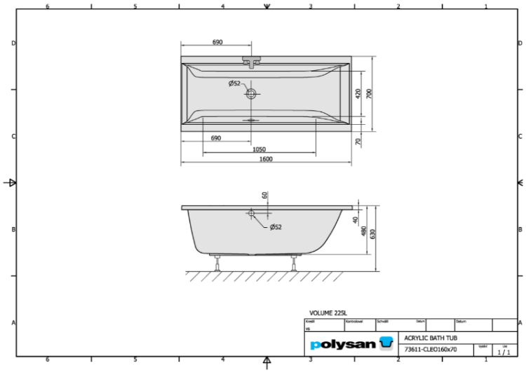 CLEO Wanna akrylowa prostokątna 160x70 cm 73611, rysunek techniczny