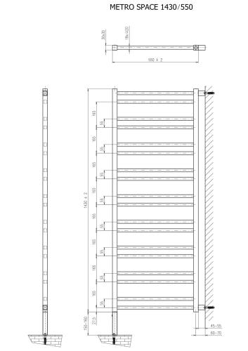 METRO SPACE grzejnik, ścianka przedziałowa, 550x1430 mm, czarny mat IR438B rysunek