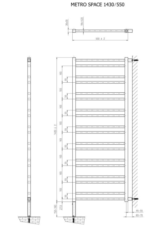 METRO SPACE grzejnik, ścianka przedziałowa, 550x1430 mm, czarny mat IR438B rysunek