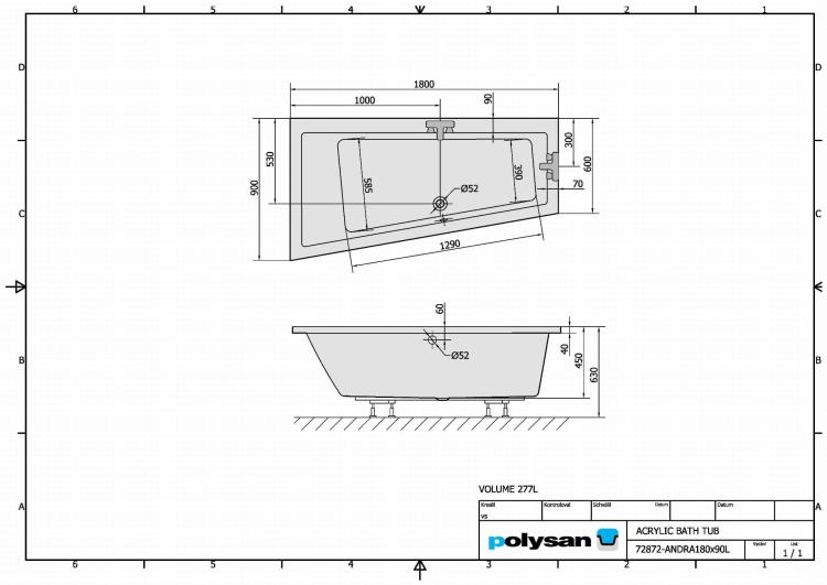 ANDRA Wanna akrylowa asymetryczna 180x90 cm (lewa) 72872 rysunek techniczny