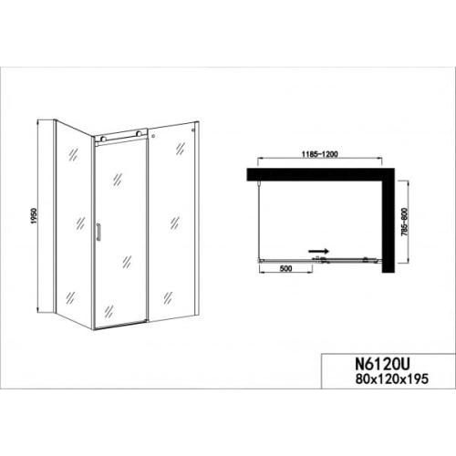 ELITE CHROME Kabina prysznicowa prostokątna, drzwi przesuwne 120x80x195 cm N6120U wymiary