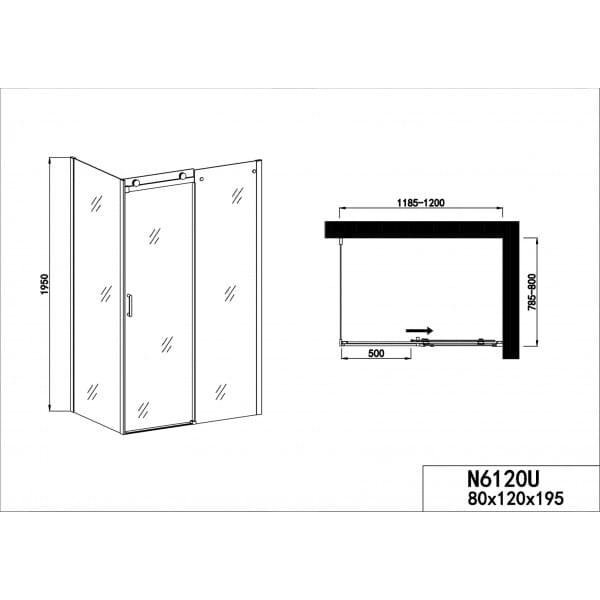 ELITE CHROME Kabina prysznicowa prostokątna, drzwi przesuwne 120x80x195 cm N6120U wymiary