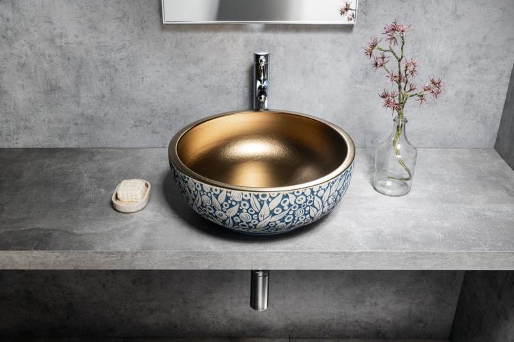 PRIORI umywalka ceramiczna nablatowa Ø 41 cm, miedź/niebieski z wzorem PI037 wizualizacja
