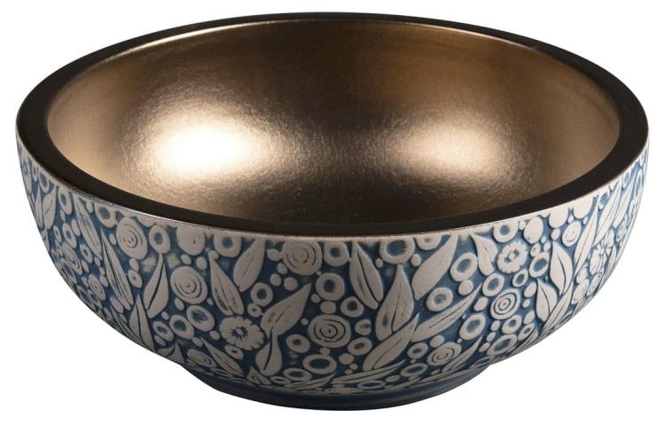 PRIORI umywalka ceramiczna nablatowa Ø 41 cm, miedź/niebieski z wzorem PI037 bokiem