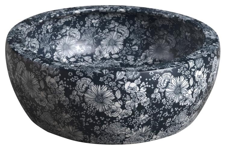 PRIORI umywalka ceramiczna nablatowa Ø 41 cm, niebieskie kwiaty PI038 bokiem