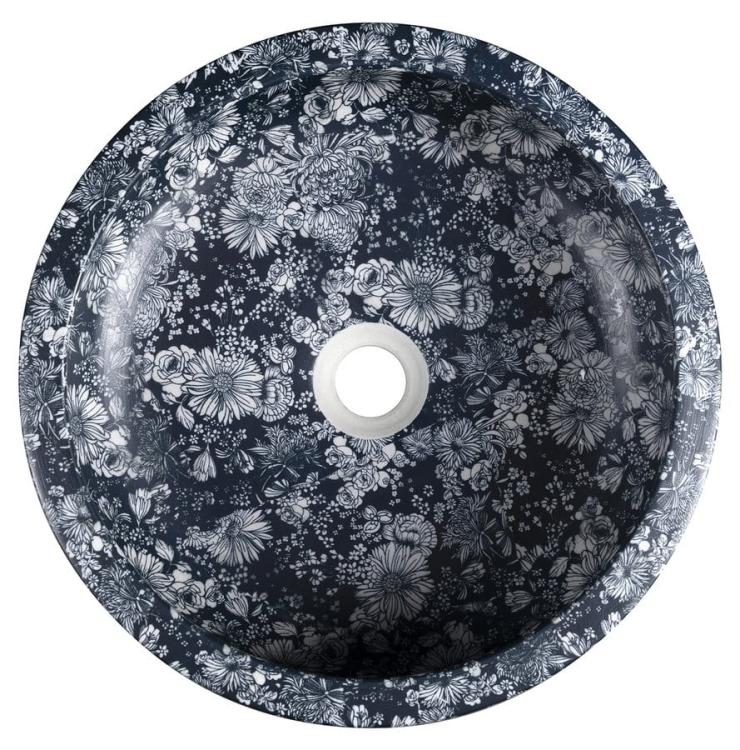 PRIORI umywalka ceramiczna nablatowa Ø 41 cm, niebieskie kwiaty PI038 z góry