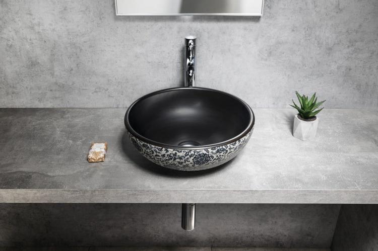 PRIORI umywalka ceramiczna nablatowa Ø 41cm, czarna z niebieskim wzorem PI034 wizualizacja