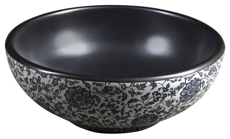PRIORI umywalka ceramiczna nablatowa Ø 41cm, czarna z niebieskim wzorem PI034  bokiem