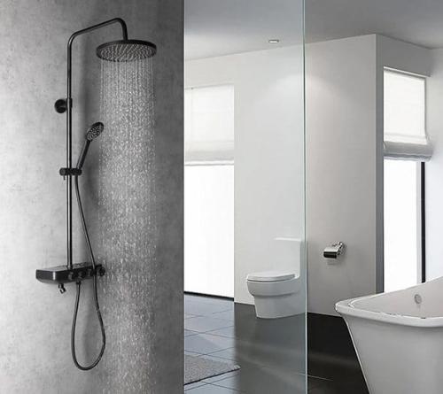 FARRAO zestaw prysznicowy z baterią, wylewka, czarny mat SL450B wizualizacja