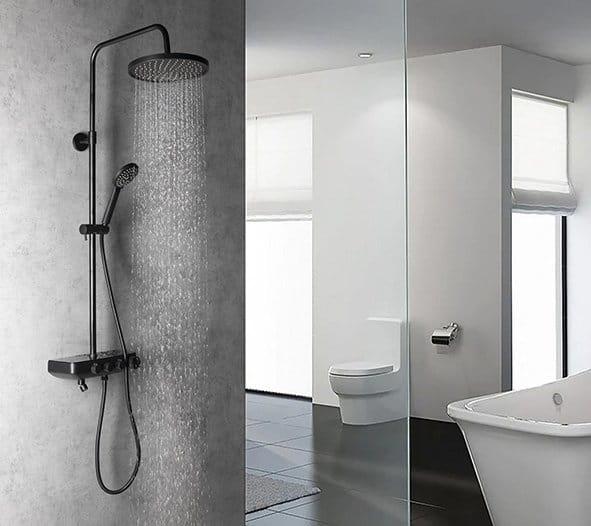 FARRAO zestaw prysznicowy z baterią, wylewka, czarny mat SL450B wizualizacja