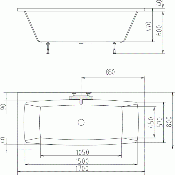 KVADRA Wanna akrylowa prostokątna 170x80 cm 18611 rysunek techniczny
