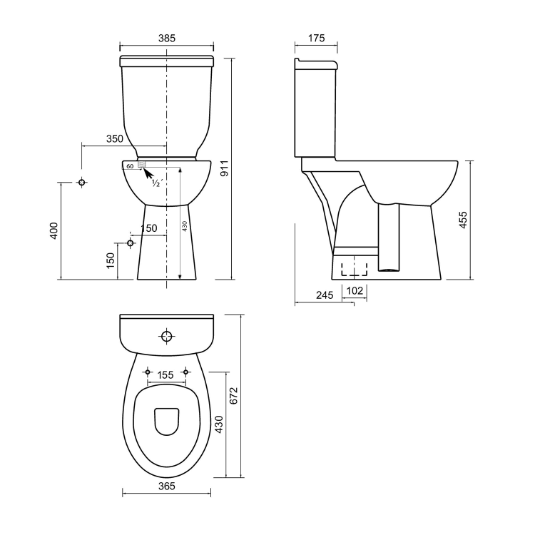 HANDICAP misa do kompaktu WC, dolny odpływ, 36,5x67,2cm, biały BD305 rysunek