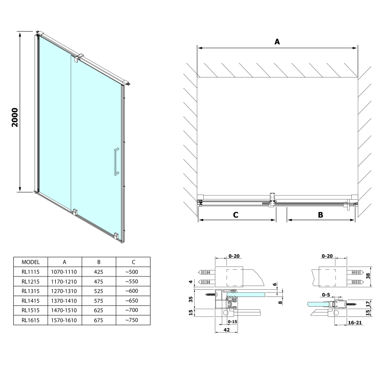 ROLLS LINE drzwi prysznicowe przesuwne 1200 mm, wysokość 2000 mm, szkło czyste RL1215 rysunek
