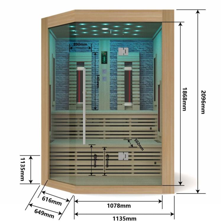 KIRUNA Sauna na podczerwień 3-4 osobowa 160 x 114,1 x 64,8 x 114,1 x 160 x 210 cm K50160 wymiary