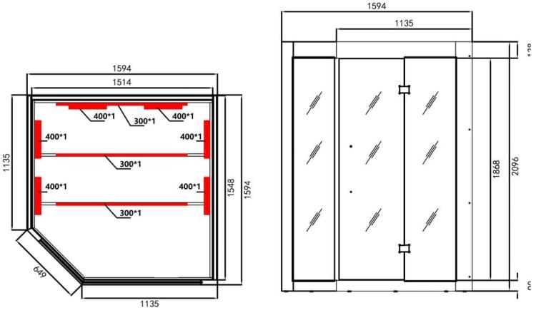 KIRUNA Sauna na podczerwień 3-4 osobowa 160 x 114,1 x 64,8 x 114,1 x 160 x 210 cm K50160 schemat